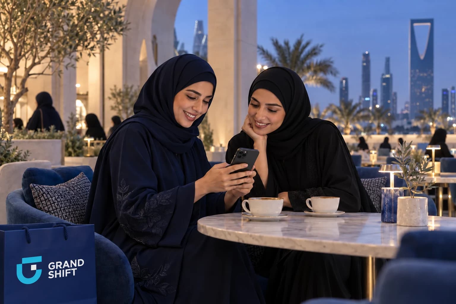 صديقتان سعوديتان بالحجاب تشاركان اكتشافًا على الهاتف في مقهى بالرياض.